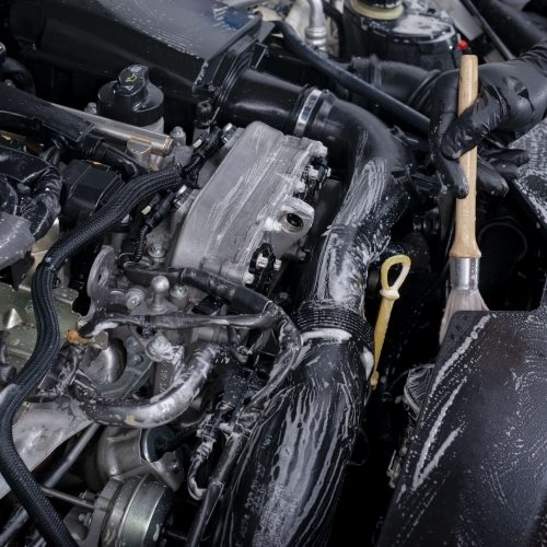 Car detailing maintaince, cleaning engine with the foam and a brush